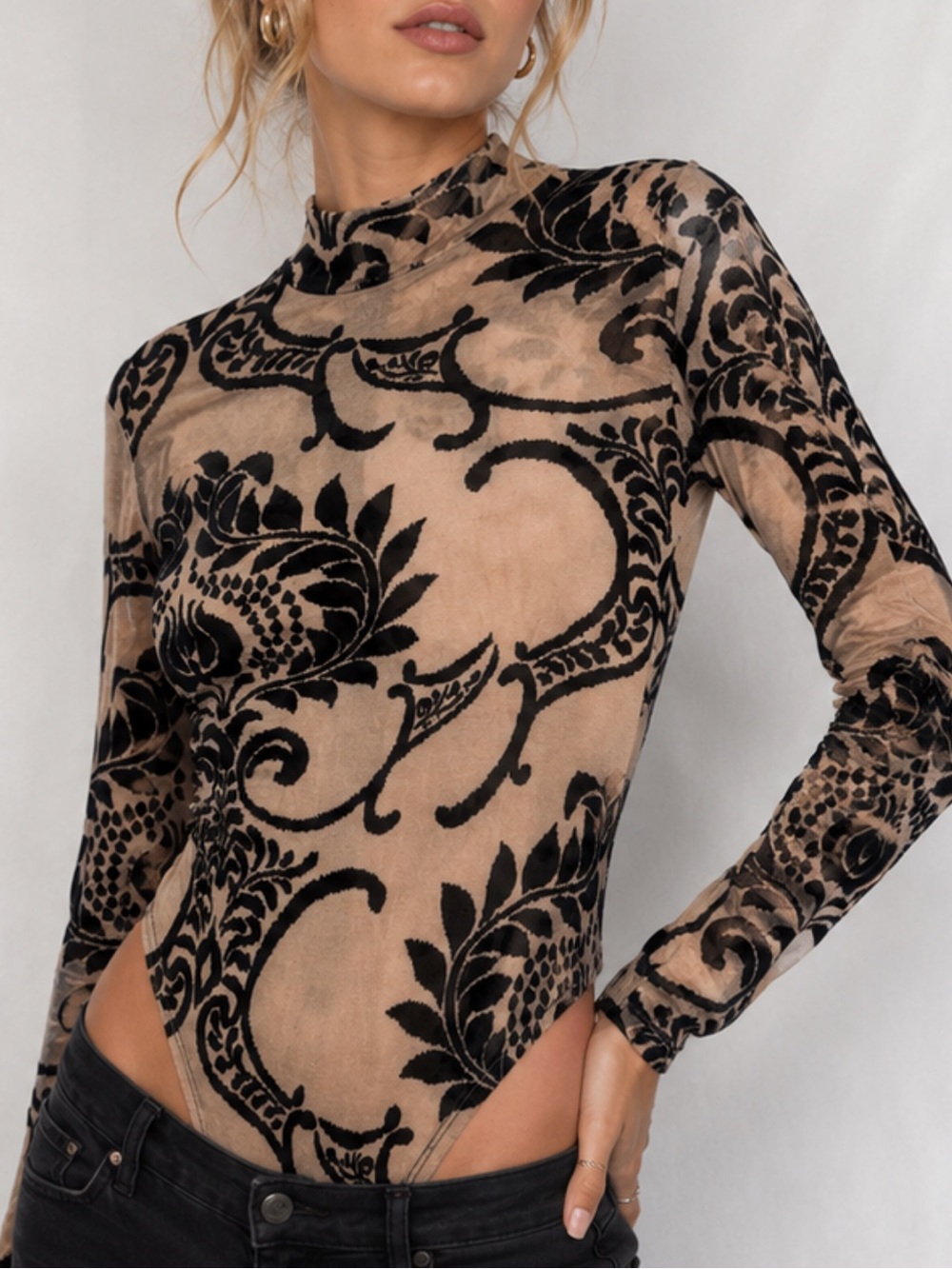 High-Neck Mesh Burnout Bodysuit in Taupe & Black